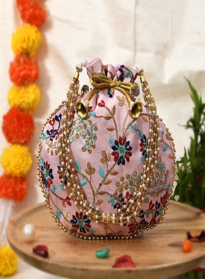 STLYZ Traditional Embroidered Potli Bag For Women, Handmade Pure Silk Potli Handbag Wristlets Ethnic Bridal Potli Batwa Bag For Ladies Wedding Return Gifts (Baby Pink) - Image 3